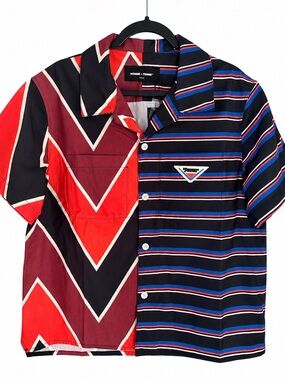 NWT Homme + Femme Limited Edition Split Pattern Camp Shirt Striped Chevron M